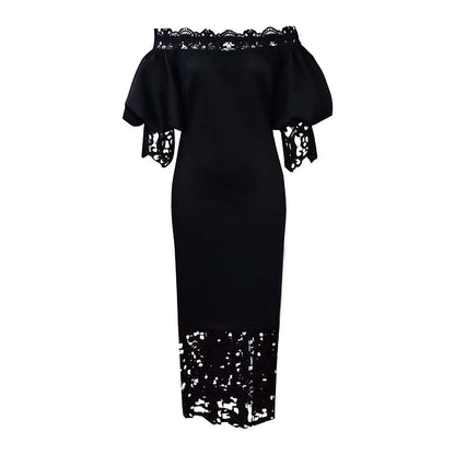 Women Clothes Elegant Lace Stitching Off Neck Dress by Ragazza