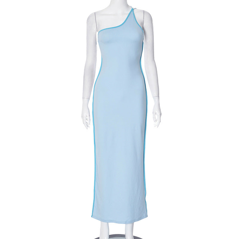 Women Clothing Spring Summer Contrast Color Diagonal Collar One Shoulder Backless Lace up Sexy Sheath Dress Women by Ragazza
