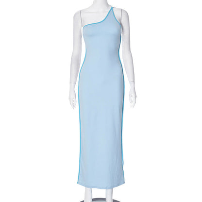 Women Clothing Spring Summer Contrast Color Diagonal Collar One Shoulder Backless Lace up Sexy Sheath Dress Women by Ragazza