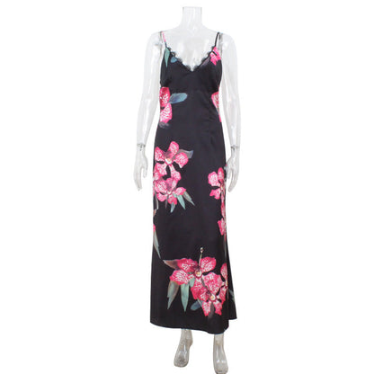 French Women Clothing V neck Strap Slim Fit Figure Flattering Maxi Dress Vintage Printed Court Advanced Dress by Ragazza