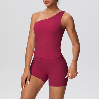 Women Solid Color Oblique Shoulder Strap Beauty Back Exercise Vest Yoga Pants Running Slim Shorts Fitness Yoga Wear Set by Ragazza