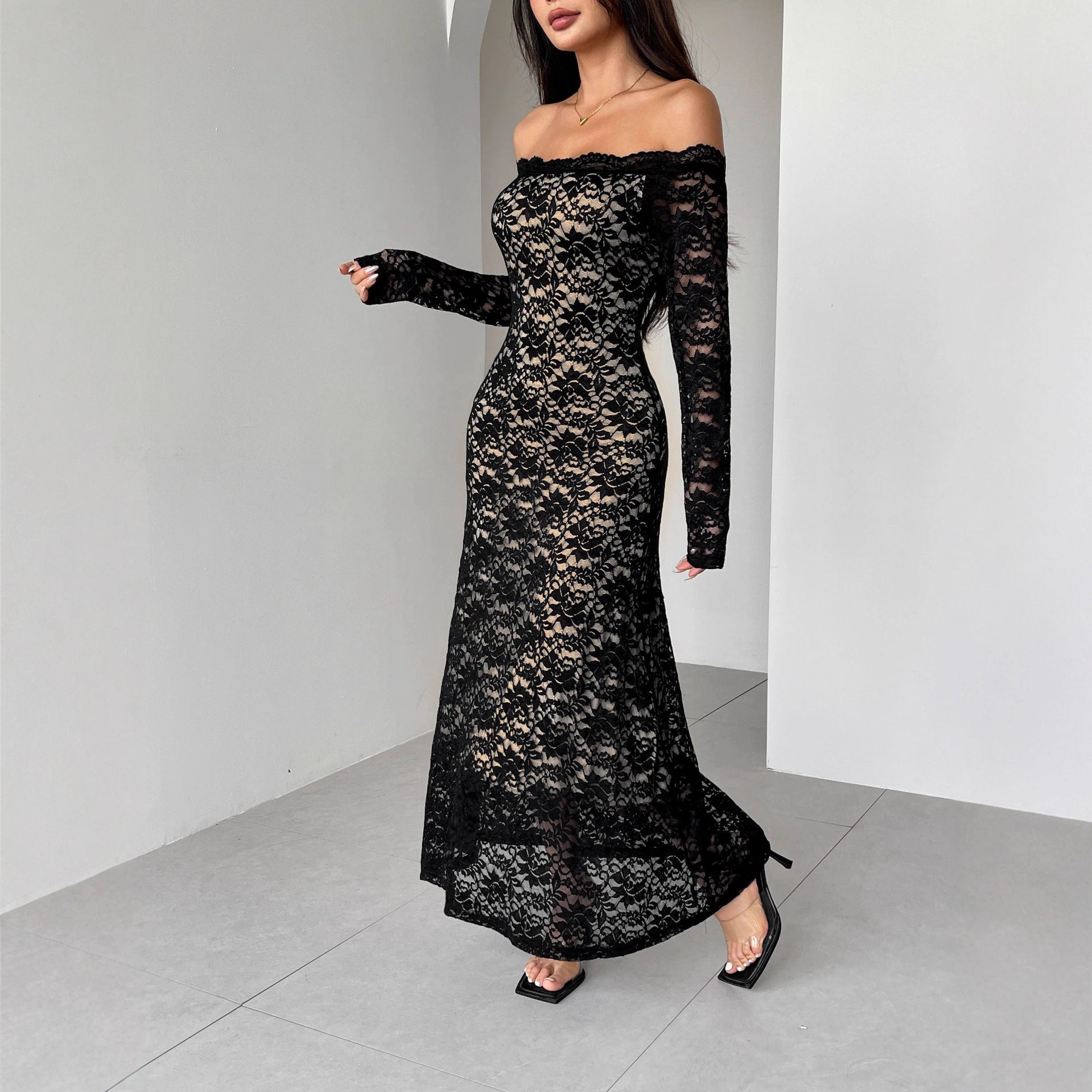 Autumn Winter Long Sleeve Lace off Neck Slim Slimming Maxi Dress Women by Ragazza