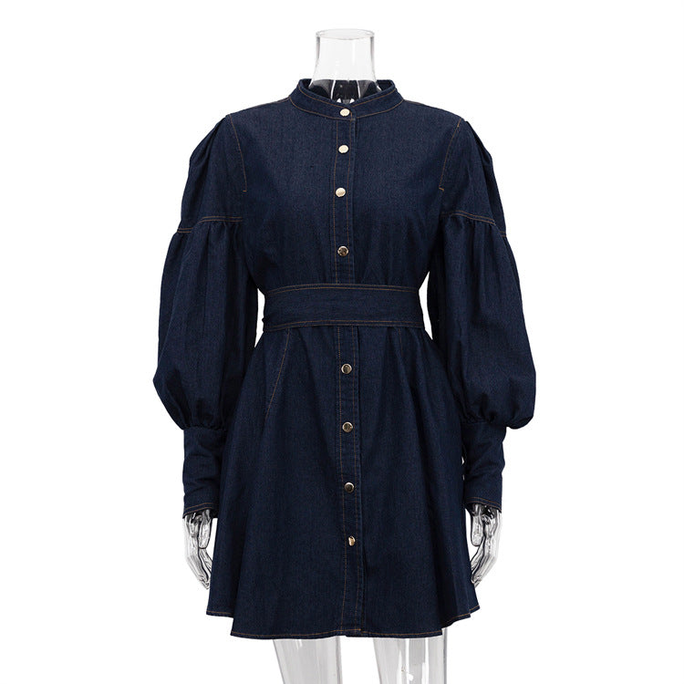 Denim Shirt Dress Niche Design Lantern Sleeve Lace up Graceful Fashionable Dress by Ragazza