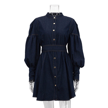 Denim Shirt Dress Niche Design Lantern Sleeve Lace up Graceful Fashionable Dress by Ragazza
