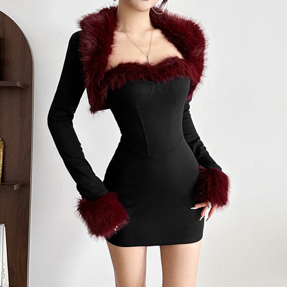 Autumn Winter Women Clothing Sexy Dignified Sense of Design Plush Stitching Long Sleeve Narrow Dress Set for Women by Ragazza