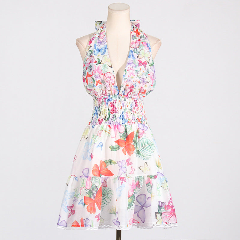 Retro Printed Vacation Summer Halter Design Deep V Plunge neck Sleeveless Short Dress for Women by Ragazza