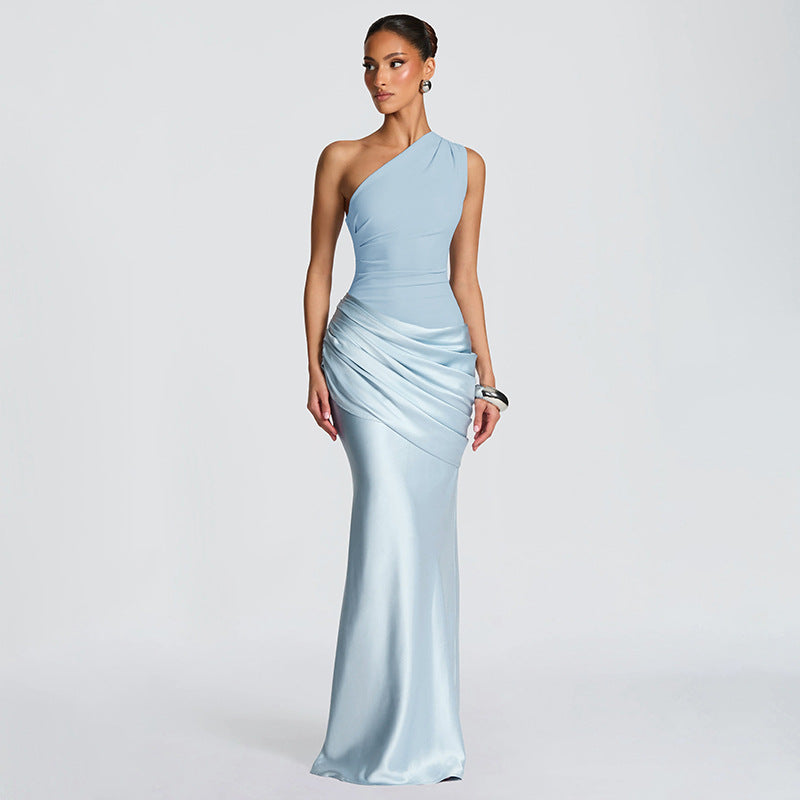 Women Clothing Autumn Winter Expensive Socialite One Shoulder Pleated Stitching Hip Fishtail Dress by Ragazza
