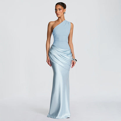 Women Clothing Autumn Winter Expensive Socialite One Shoulder Pleated Stitching Hip Fishtail Dress by Ragazza