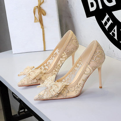 Elegant Lace Mesh Wedding Shoes Super High Heel Bow Party Dress High Heels  DestGlow