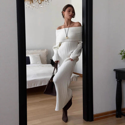 Knitted off Shoulder Long Sleeved Dress Autumn Winter off Shoulder Hip Knitwear Dress Women by Ragazza