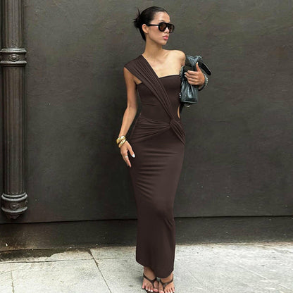 Women Clothing Winter Sexy Side Hollow Out Cutout Cross Strap One Shoulder Dress by Ragazza