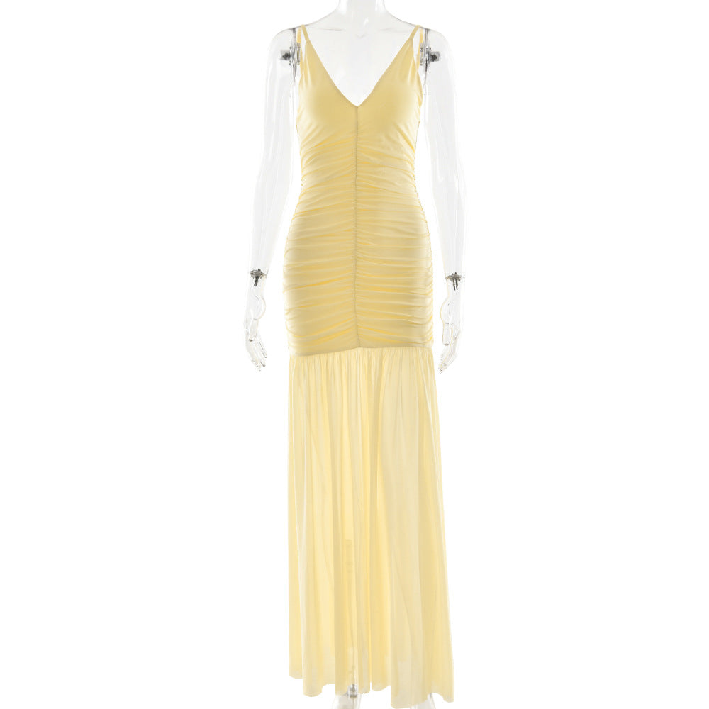 Elegant Straps Tulle Dress Sexy Deep V Plunge Pleated Stitched Backless Maxi Dress by Ragazza