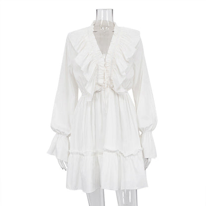 V neck Pleating Bell Sleeve Ruffled White Dress Spring Women Design Petti dress by Ragazza