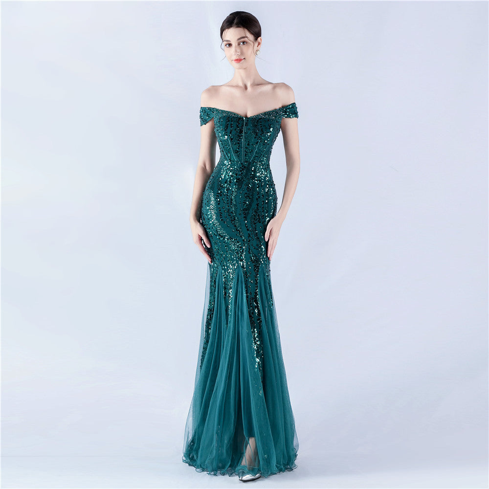 Dress Craft Beaded Mesh Sequin Evening Dress Annual Meeting Performance Host by Ragazza