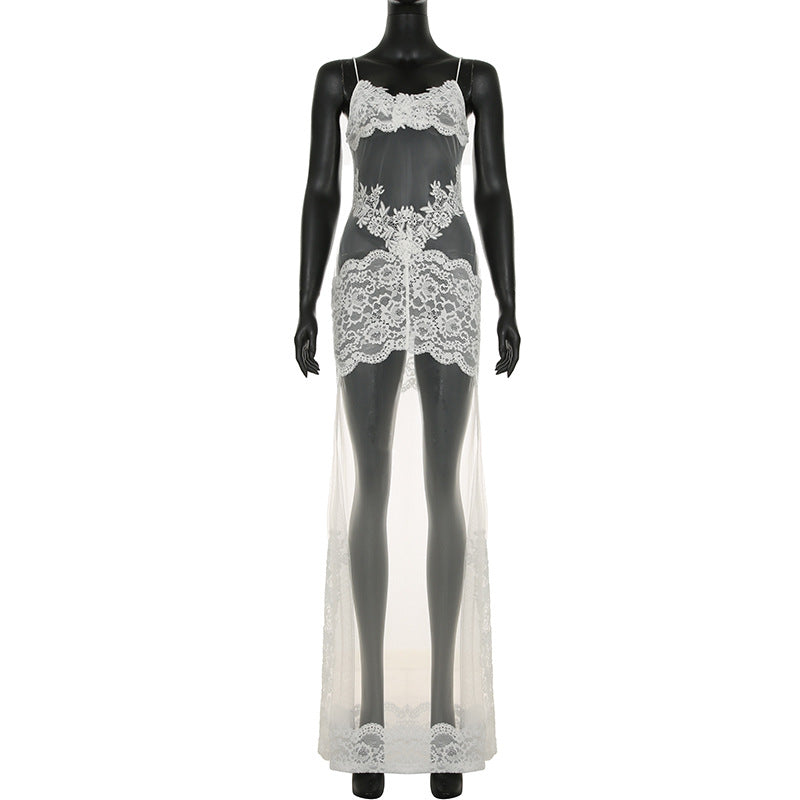 Summer Women Mesh Lace Lace Spaghetti Strap Dress See through Sexy Nightdress Vacation Maxi Dress by Ragazza
