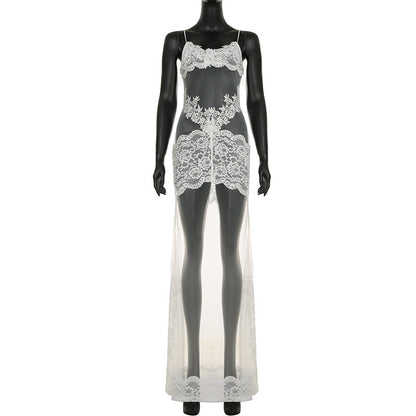 Summer Women Mesh Lace Lace Spaghetti Strap Dress See through Sexy Nightdress Vacation Maxi Dress by Ragazza