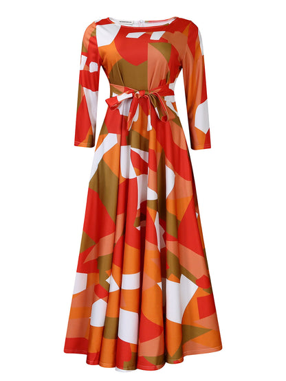 Women Clothing Spring Elegant Graceful Printed Lace up Large Dress by Ragazza