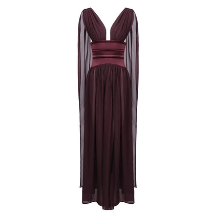 Wine Red Dress Women Summer Sleeveless Deep V Plunge Fitted High Waist Drape Chiffon Dinner Dress  DestGlow