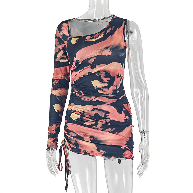 Women Clothing Personality Slim Fit Diagonal Collar Asymmetric Hip Dress Pleated Long Sleeve Printed Short Dress by Ragazza
