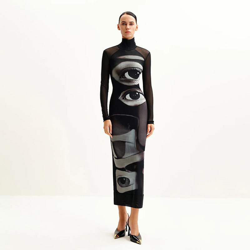 Women Clothing Three Dimensional Printing Double Layer Mesh Turtleneck Long Sleeve Dress Long by Ragazza