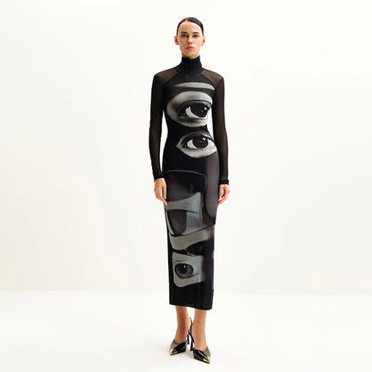 Women Clothing Three Dimensional Printing Double Layer Mesh Turtleneck Long Sleeve Dress Long by Ragazza