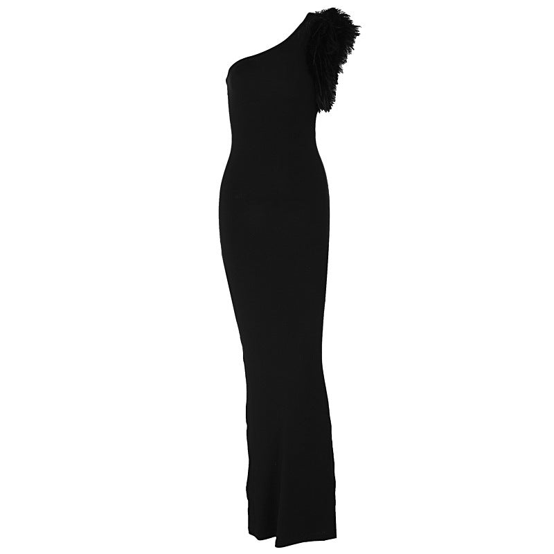 Dress Elegant Noble Solid Color Shoulder Stitching Feather Slim Slimming Long Evening Dress for Women by Ragazza