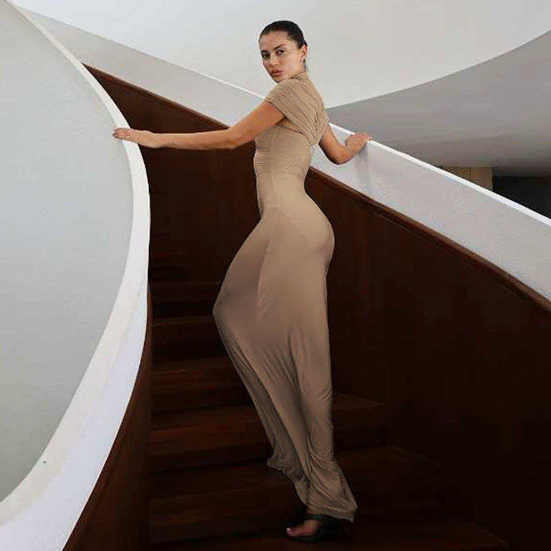 Women Clothing Autumn Winter Elegant Sexy Slim Hollow Out Cutout Pleated Turtleneck Solid Color Dress by Ragazza