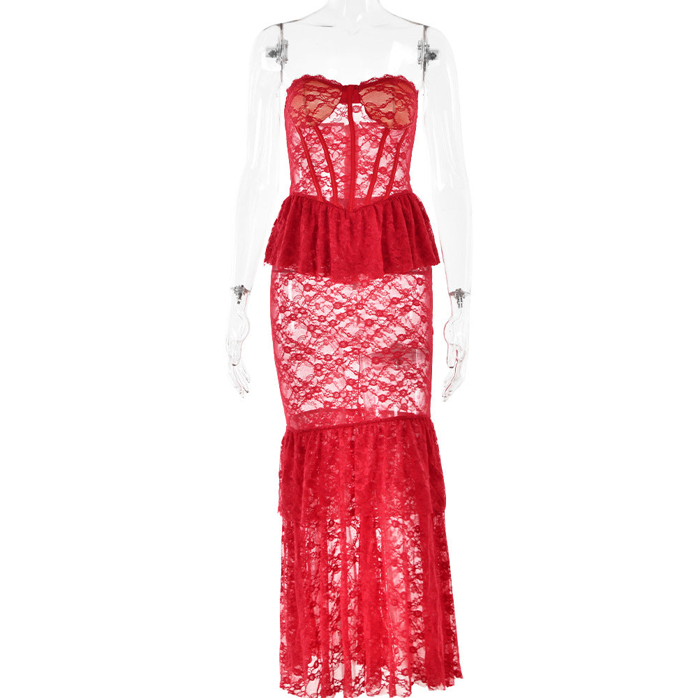 Autumn Winter Lace See through Tube Top Fishtail Dress Sexy Tight Sexy Night Club Long Dress by Ragazza