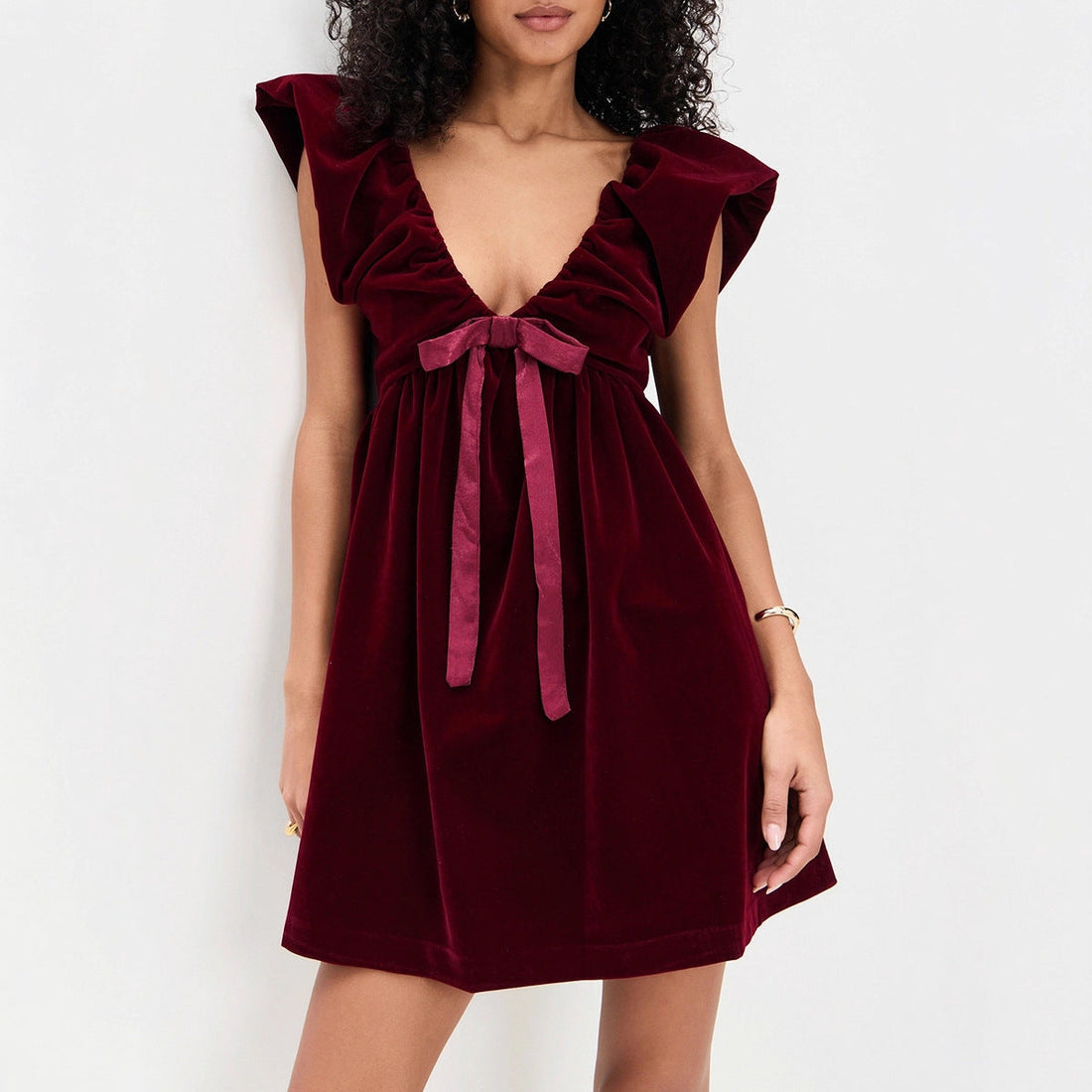 Autumn Winter V neck Bow Pleuche Party Women Dress by Ragazza