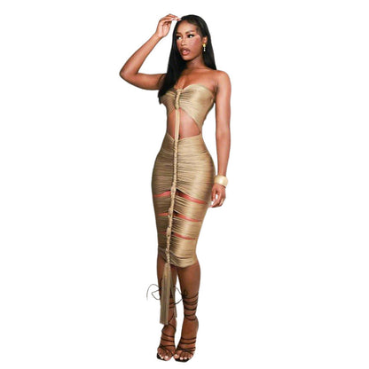 Autumn Winter Women Sexy Cutout Slim Fit Backless Pleated Bright Tube Top Dress by Ragazza
