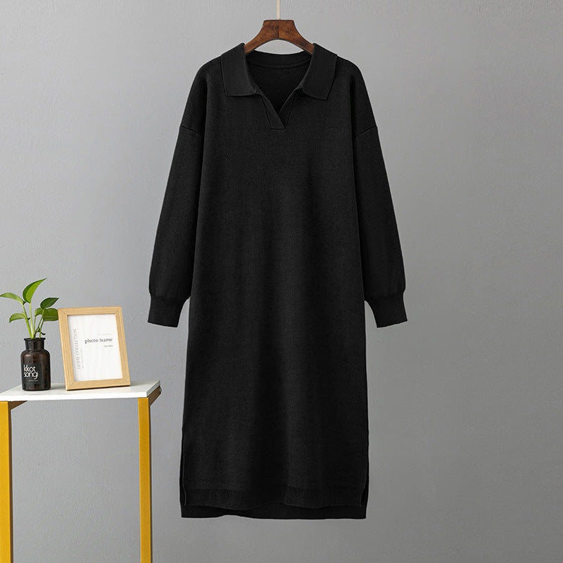 Autumn Winter Polo Collar Base Knitting Loose Solid Color Women Dress by Ragazza
