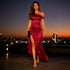 One Shoulder Slit Red Satin Dress Slim Fit Evening Dress Women Sexy Ruffles Maxi Dress  DestGlow
