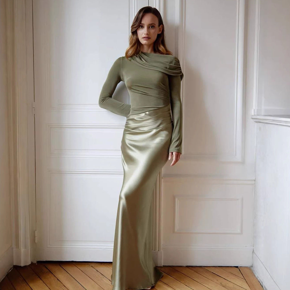 Women Clothing Mori Adult Lady like Woman Elegant Formal Dress Diagonal Collar Long Sleeve Slim Fit Sexy Fishtail Dress by Ragazza