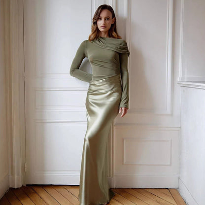 Women Clothing Mori Adult Lady like Woman Elegant Formal Dress Diagonal Collar Long Sleeve Slim Fit Sexy Fishtail Dress by Ragazza