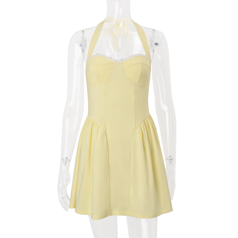 Women Clothing Summer Sexy Square Collar Elegant Backless Solid Color Halter Waist Dress by Ragazza