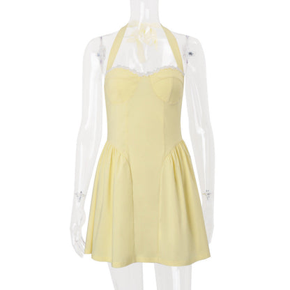 Women Clothing Summer Sexy Square Collar Elegant Backless Solid Color Halter Waist Dress by Ragazza