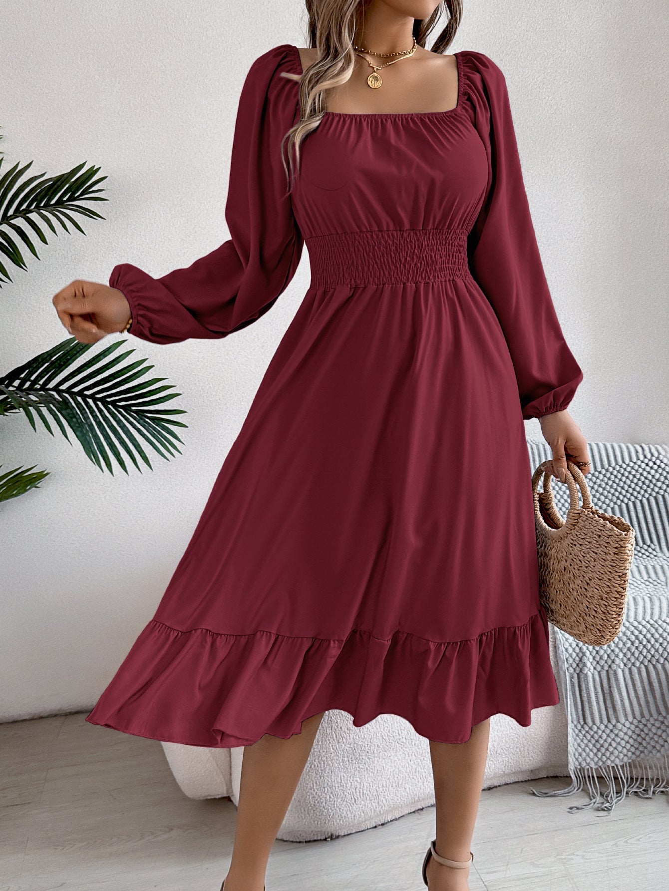 Spring Summer Casual Solid Color Square Collar Long Sleeve Waist Trimming Ruffles A line Dress Women Clothing by Ragazza