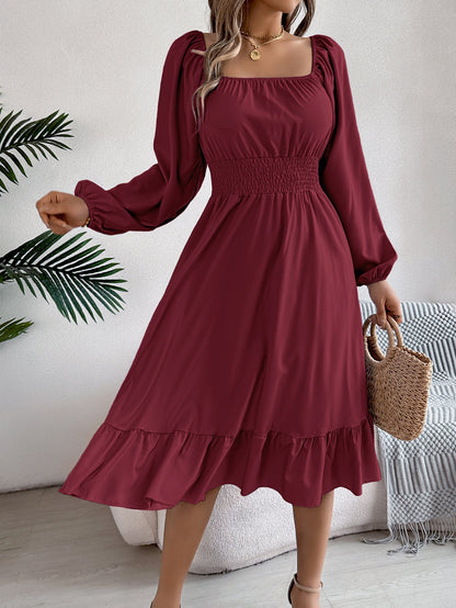 Spring Summer Casual Solid Color Square Collar Long Sleeve Waist Trimming Ruffles A line Dress Women Clothing by Ragazza