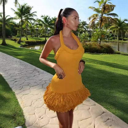 Autumn Winter Hand Woven Twine Rope Shoulder Strap Tassel Dress Swing Short Dress by Ragazza