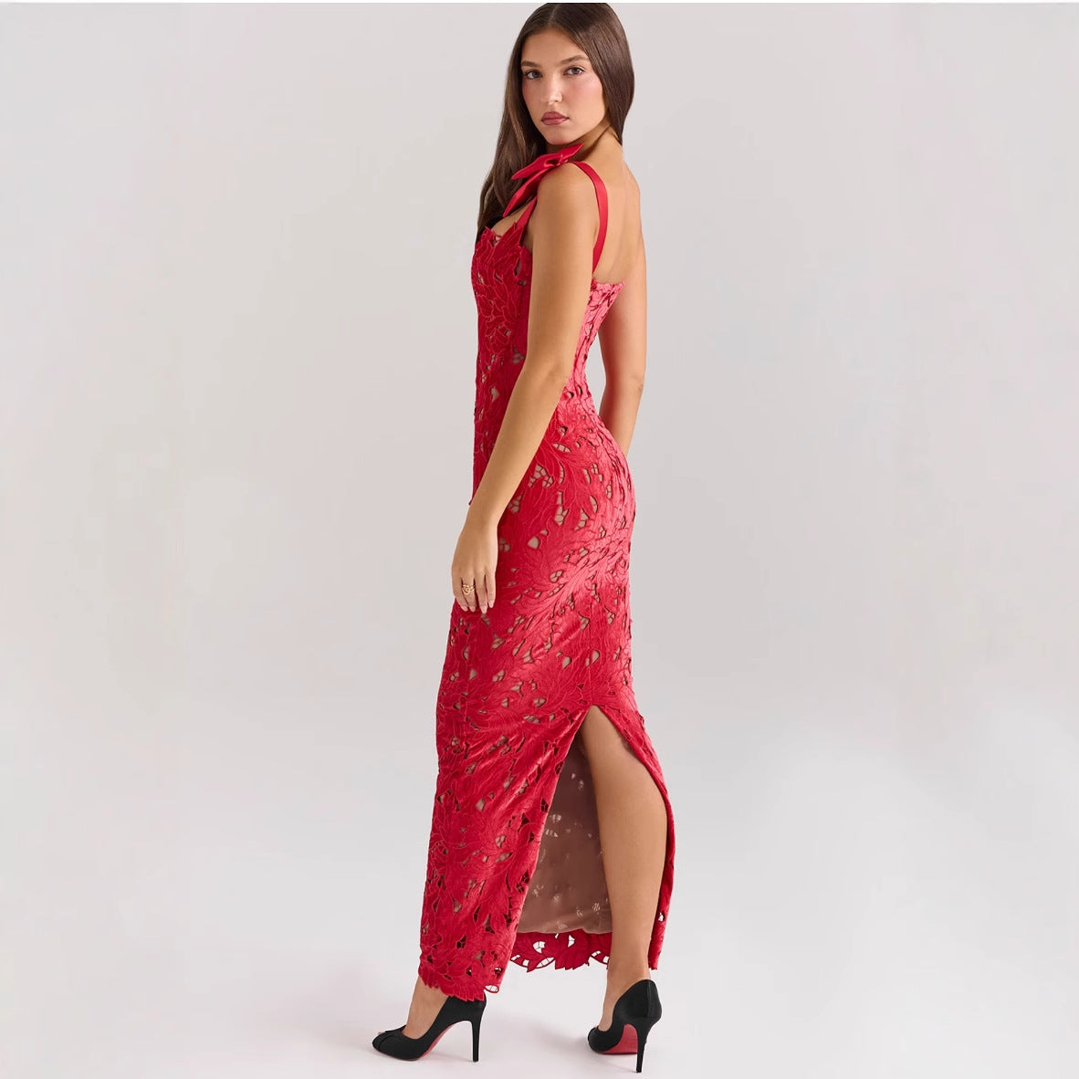 Spring Summer Entry Lux Bow High Sense Embroidered Hollow Out Cutout Sheath Dress by Ragazza