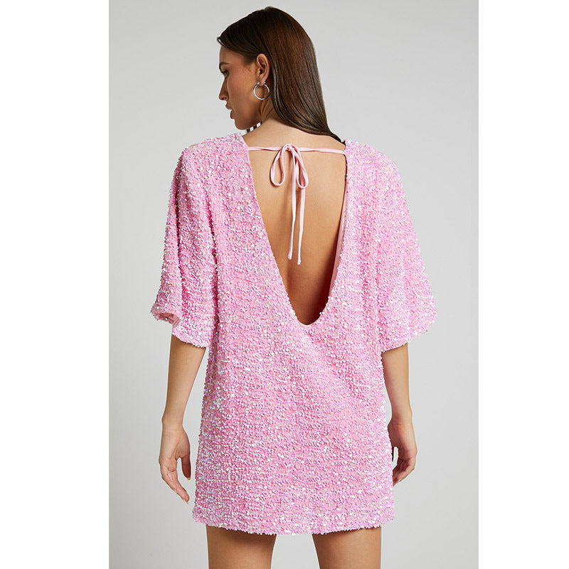 Autumn Winter Velvet Sequin Elegant V neck Backless Short Sleeve Dress by Ragazza