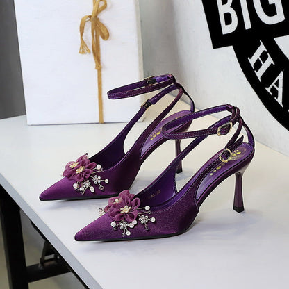 French Hollow Out Cutout High Heels Satin Rhinestone Floral Bridal Shoes Hollow Out Cutout out Ankle Strap Stilettos Pumps  DestGlow