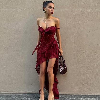 Women Clothing Summer Lace Sexy Slim Fit Tied Hollow Out Cutout out See through Irregular Asymmetric Tube Top Dress by Ragazza