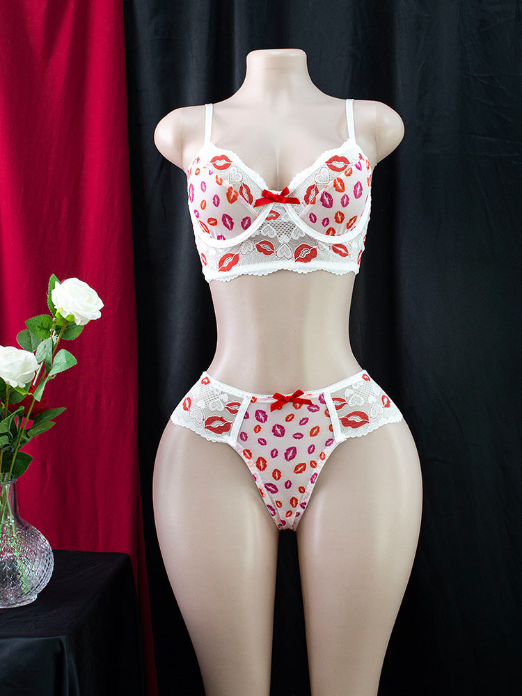 Sexy Lingerie Supply Sexy Seduction Red Lip Mesh Bra Busty Gathering Sexy Two Piece Sets by Ragazza
