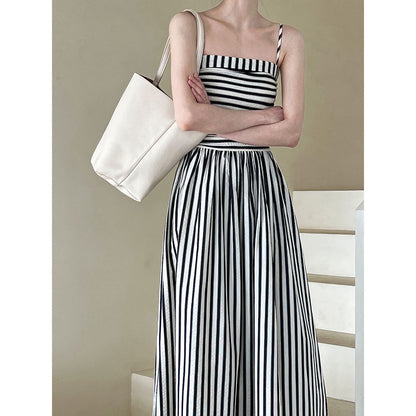 French Striped Bandeau Sling Dress Women High Grade off the Shoulder Pleated Waist Tight A line Long Summer by Ragazza