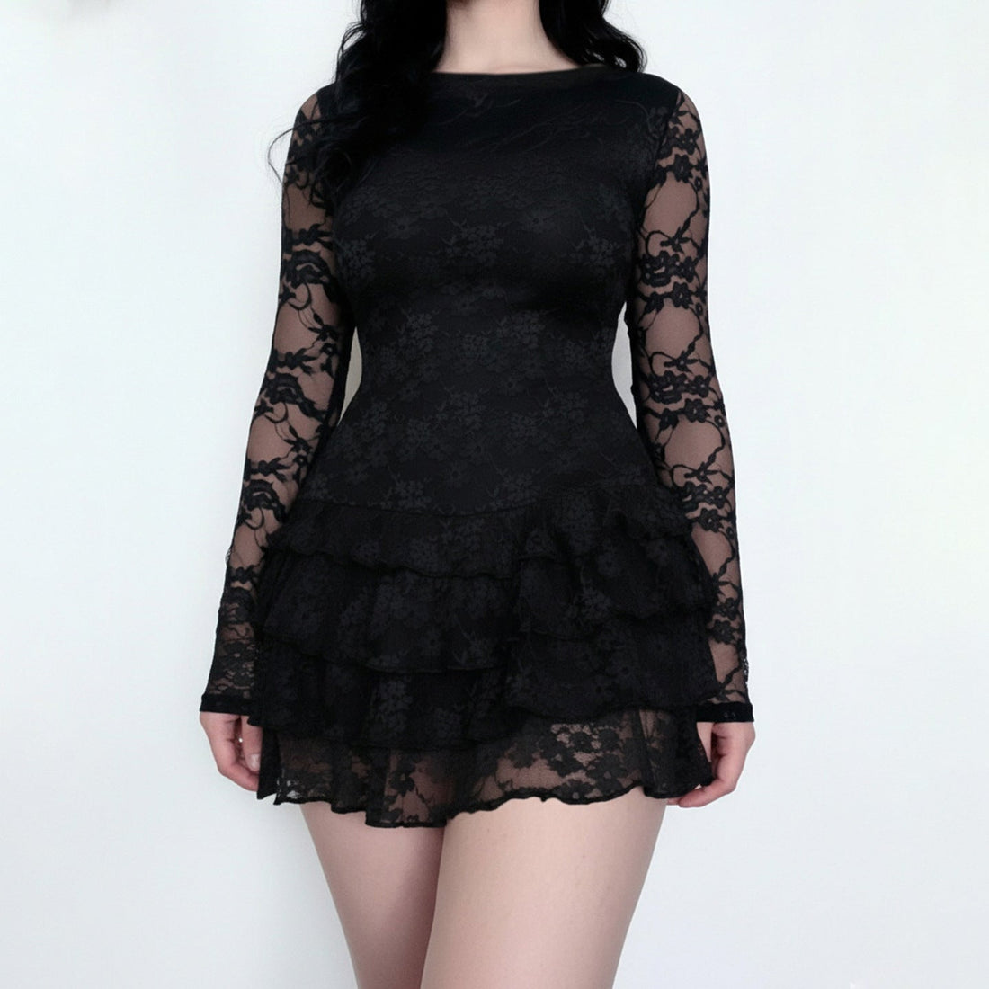 Women Dark Sexy Tight Long Sleeve See through Lace Tiered Dress round Neck Waist Trimming A line Dress by Ragazza