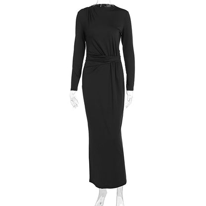 Autumn Women Long Sleeve Fitted Waist Pleated Slim Maxi Dress by Ragazza