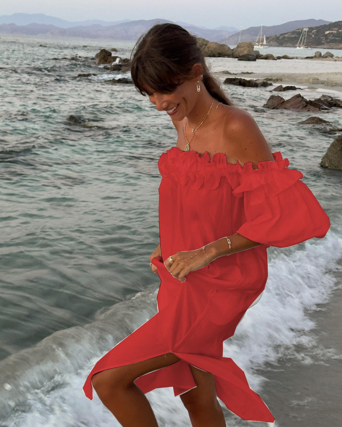Solid Color Cotton Linen Sexy of Neck Split Holiday Dress Women by Ragazza