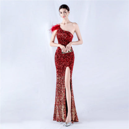 Dress Gradient Velvet Bottom Sequin Craft Order Ostrich Feather One Shoulder Diagonal Collar High Fork Evening Dress by Ragazza