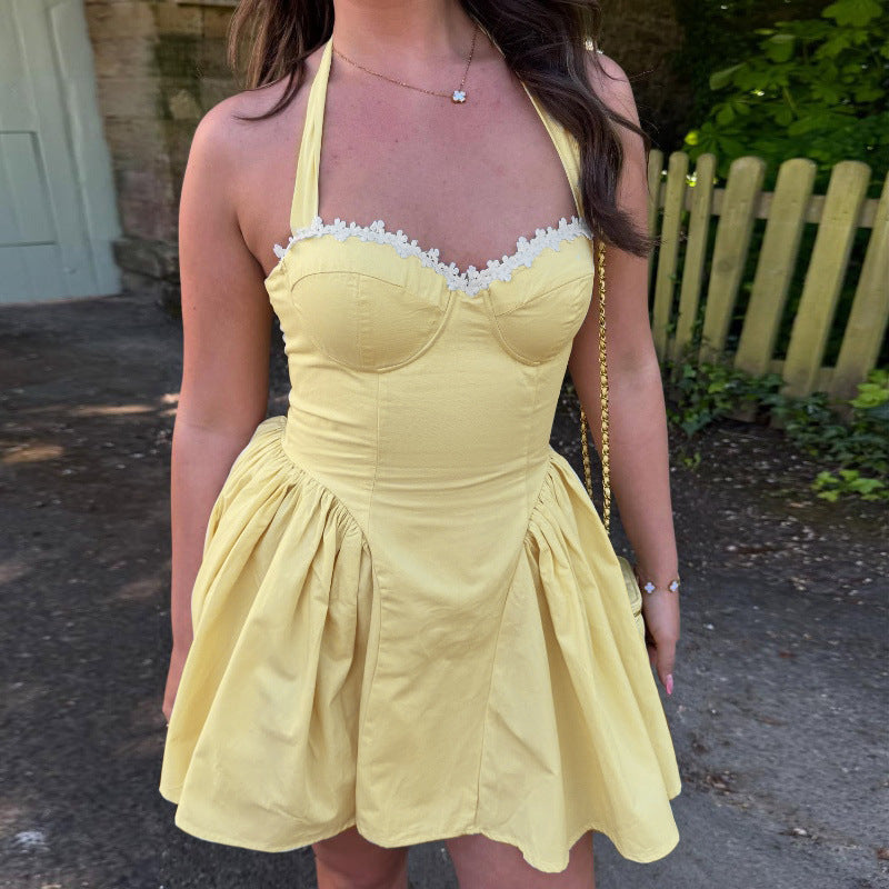 Women Clothing Summer Sexy Square Collar Elegant Backless Solid Color Halter Waist Dress by Ragazza
